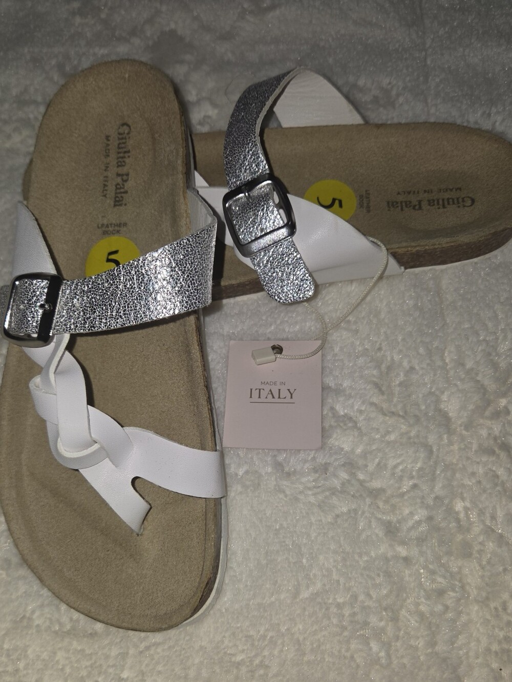 White and Silver Girl's Leather Slide Sandals